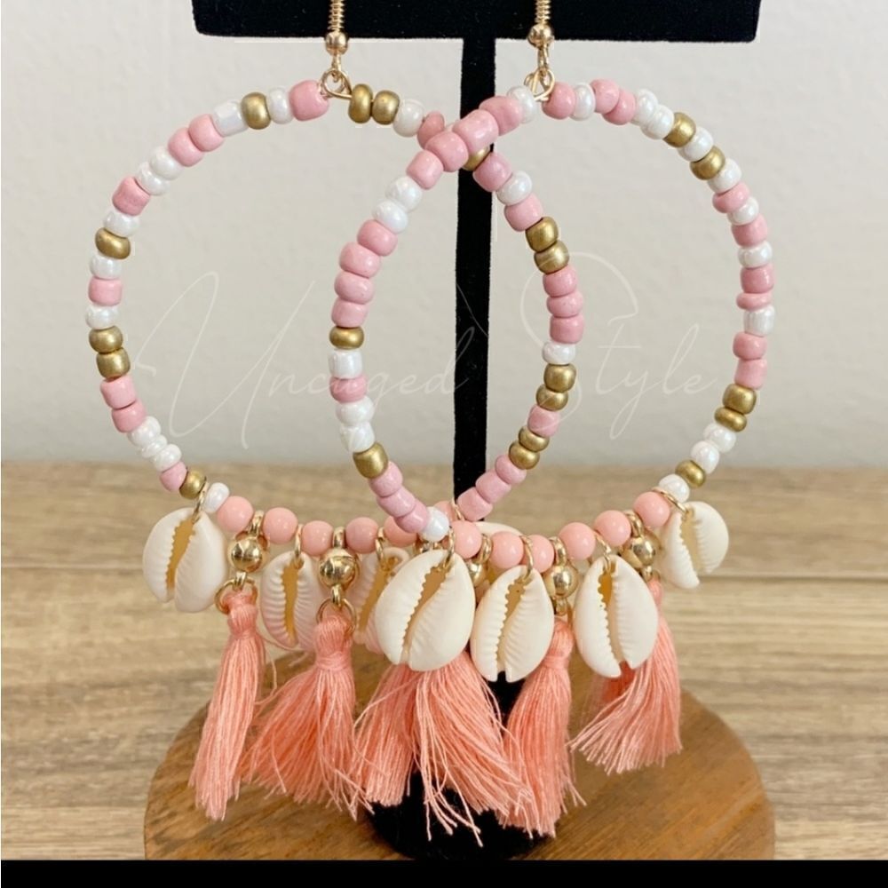 New Pink & White Beaded Large Hoops Earrings With Dangling Tassels & Shells